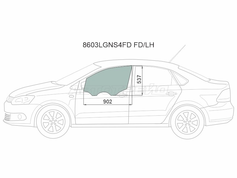 Стекло боковое опускное (Спереди / Слева / Цвет зеленый) Skoda Rapid 20-  / Volkswagen Polo 09-20 (XYG: 8603LGNS4FD FD/LH)
