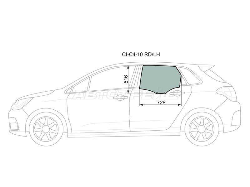Стекло боковое опускное (Сзади / Слева / Цвет зеленый) Citroen C4 04- (XYG: CI-C4-10 RD/LH)