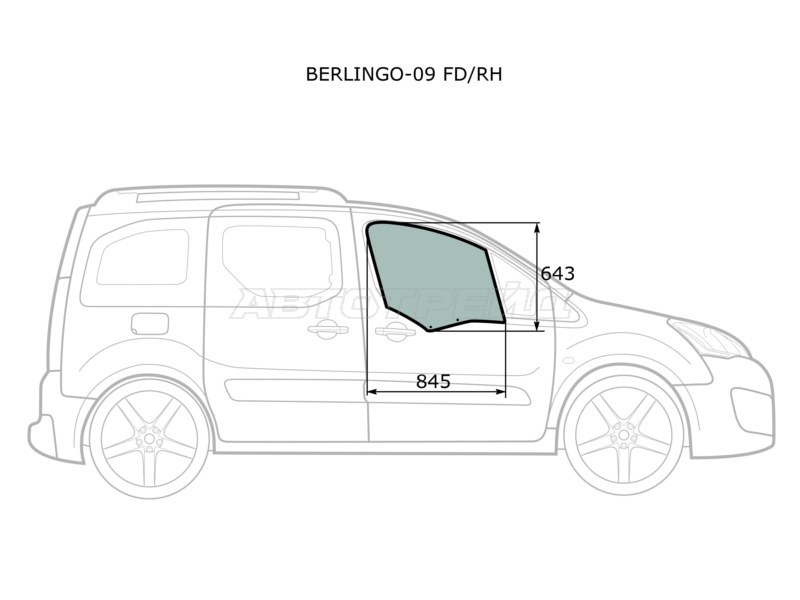 Стекло боковое опускное (Спереди / Справа / Цвет зеленый) Citroen Berlingo 08-22  / Peugeot Partner 08-15  / Partner Origin 08-11  / Partner Tepee 08-18 (XYG: BERLINGO-09 FD/RH)