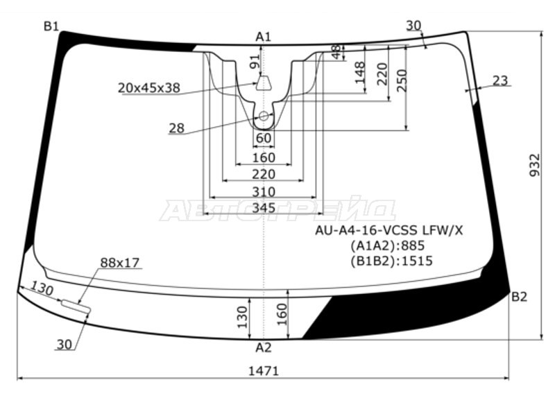 Стекло лобовое (Камера / Датчик дождя / Молдинг) Audi A4 15- (XYG: AU-A4-16-VCSS LFW/X)