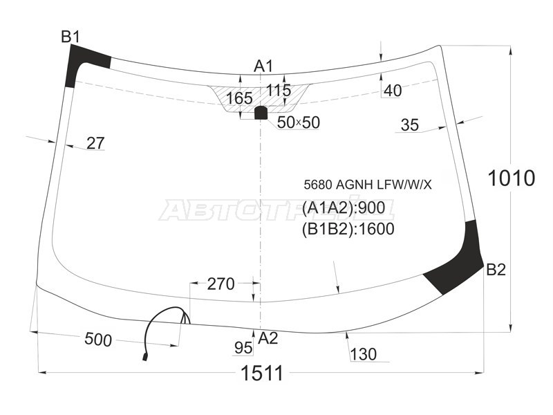 Стекло лобовое (Обогрев щеток) Mitsubishi Outlander 05-12  / Citroen C-Crosser 07-12  / Peugeot 4007 07-14 (XYG: 5680AGNH LFW/W/X)
