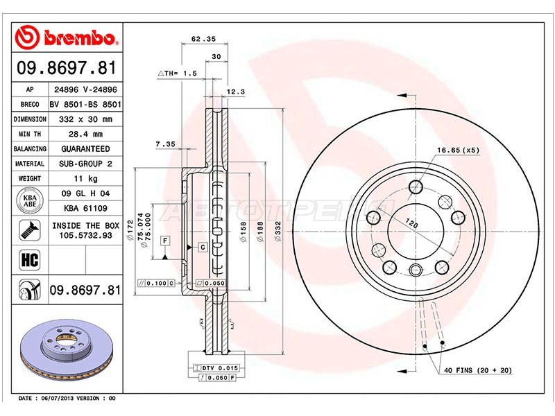 Диск тормозной (Спереди) BMW X3 03-10  / X5 99-06 (BREMBO: 09.8697.81)
