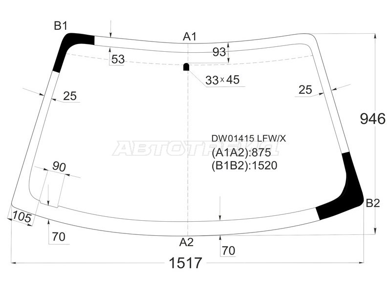 Стекло лобовое Chrysler Sebring 00-06  / Dodge Stratus 00-06 (XYG: DW01415 LFW/X)