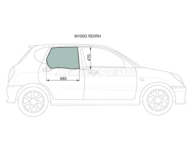 Стекло боковое опускное (Сзади / Справа / Цвет зеленый) Daihatsu Sirion 98-04  / Storia 98-04  / Toyota Duet 98-04 (XYG: M100G RD/RH)