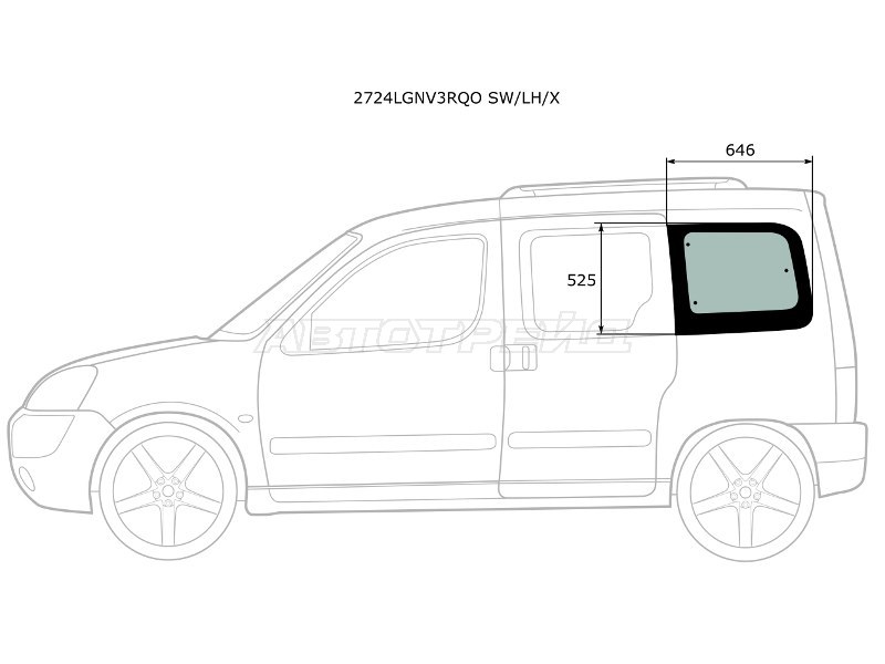 Стекло кузова боковое (не опускное) (Слева / Цвет зеленый) Citroen Berlingo 96-12  / Peugeot Partner 96-12  / Partner Tepee 02-08 (XYG: 2724LGNV3RQO SW/LH/X)