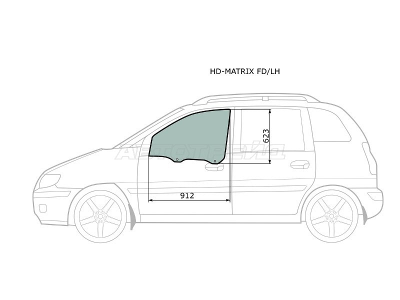Стекло боковое опускное (Спереди / Слева / Цвет зеленый) Hyundai Lavita 01-07  / Matrix 01-10 (XYG: HD-MATRIX FD/LH)