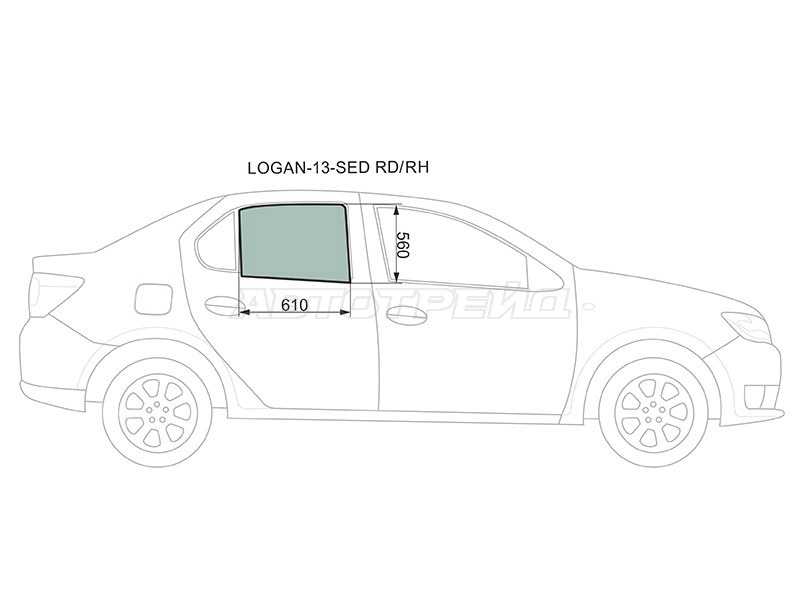 Стекло боковое опускное (Сзади / Справа / Цвет зеленый) Renault Logan 14-  / Sandero 14-  / Dacia Logan 12-19  / Sandero 12-19  / Sandero Stepway 12-19  / Renault Logan Stepway 18-  / Sandero Stepway 14-22 (XYG: LOGAN-13-SED RD/RH)