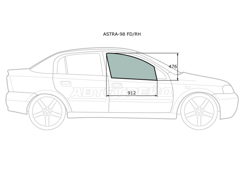 Стекло боковое опускное (Спереди / Справа / Цвет зеленый) Opel Astra 98-09  / Chevrolet Viva 04-08 (XYG: ASTRA-98 FD/RH)