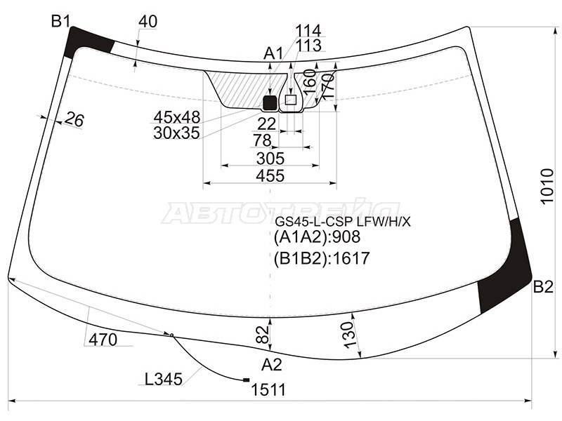 Стекло лобовое (Обогрев щеток / Датчик дождя) Mitsubishi Outlander 05-12  / Citroen C-Crosser 07-12  / Peugeot 4007 07-14 (XYG: GS45-L-CSP LFW/H/X)
