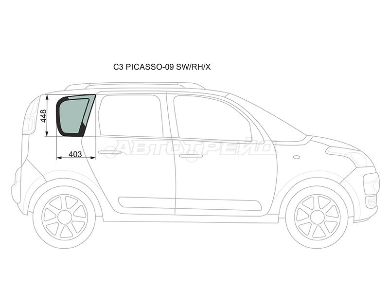 Стекло кузова боковое (не опускное) (Справа / Цвет зеленый) Citroen C3 Picasso 09-16 (XYG: C3 PICASSO-09 SW/RH/X)