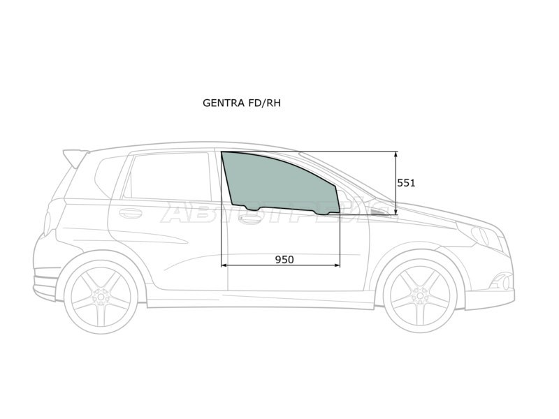 Стекло боковое опускное (Спереди / Справа / Цвет зеленый) Chevrolet Aveo 02-11  / Kalos 03-08  / Nexia 20-  / Daewoo Gentra 05-11  / Kalos 02-08  / Ravon Nexia R3 16-  / ЗАЗ Вида 12-14 (XYG: GENTRA FD/RH)