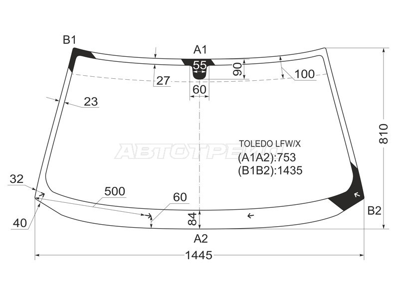 Стекло лобовое Chery Amulet A15 03-12  / SEAT Toledo 91-99  / Vortex Corda 10-12 (XYG: TOLEDO LFW/X)
