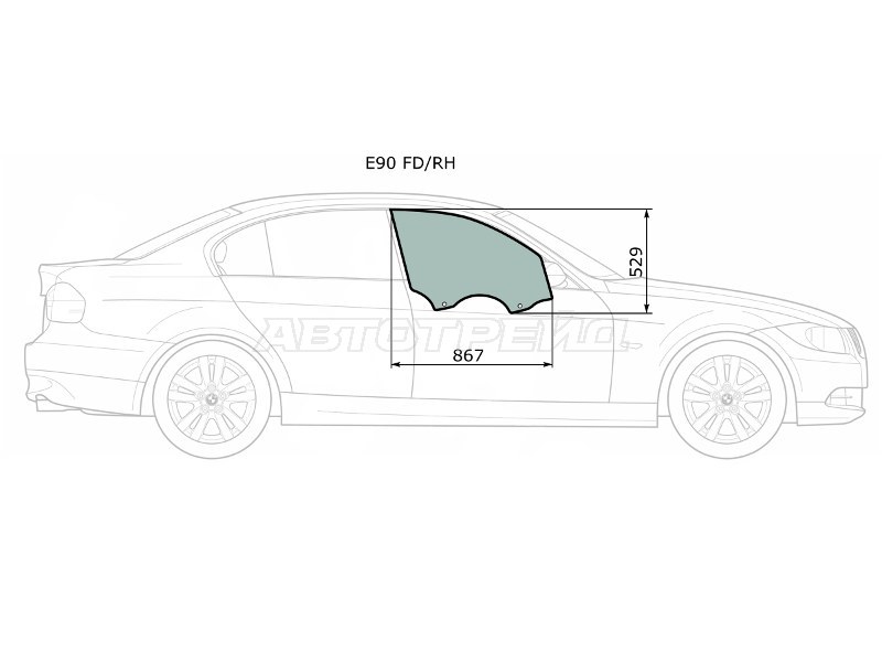 Стекло боковое опускное (Спереди / Справа / Цвет зеленый) BMW 3-Series 05-14 (XYG: E90 FD/RH)