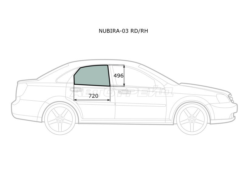 Стекло боковое опускное (Сзади / Справа / Цвет зеленый) Chevrolet Lacetti 04-13  / Daewoo Lacetti 04-09  / Chevrolet Nubira 04-13  / Optra 04-13  / Daewoo Gentra 05-15  / Nubira 02-05  / Ravon Gentra 15-  / Suzuki Forenza 03-08 (XYG: NUBIRA-03 RD/RH)