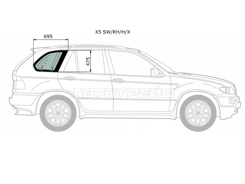 Стекло кузова боковое (не опускное) (Справа / Цвет зеленый / Антенна) BMW X5 99-06 (XYG: X5 SW/RH/H/X)