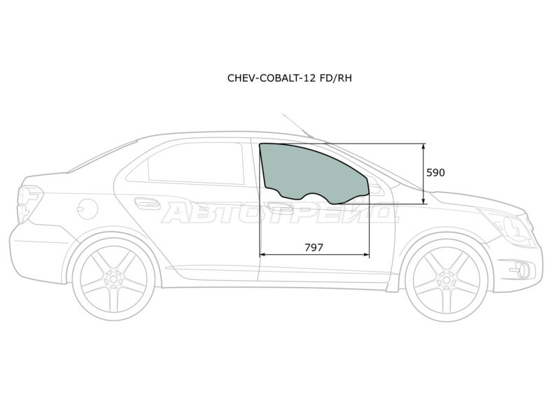 Стекло боковое опускное (Спереди / Справа / Цвет зеленый) Chevrolet Cobalt 13-  / Ravon R4 16- (XYG: CHEV-COBALT-12 FD/RH)