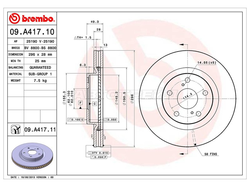 Диск тормозной (Спереди) Toyota Camry (XV40,XV50) 06-21  / Harrier (XU60) 13-20  / Prius (ZVW30) 09-16  / RAV4 (XA30,XA40) 05-19  / Lexus ES 06-18  / Toyota Auris 09-18  / Camry UAE /USA 06-17 (BREMBO: 09.A417.10)