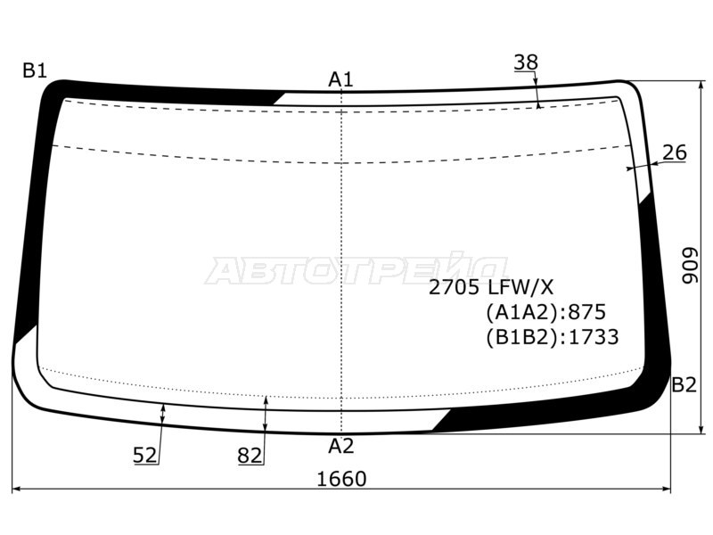 Стекло лобовое ГАЗ Баргузин 96-  / Валдай 96-  / Газель 96-  / Соболь 96- (XYG: 2705 LFW/X)