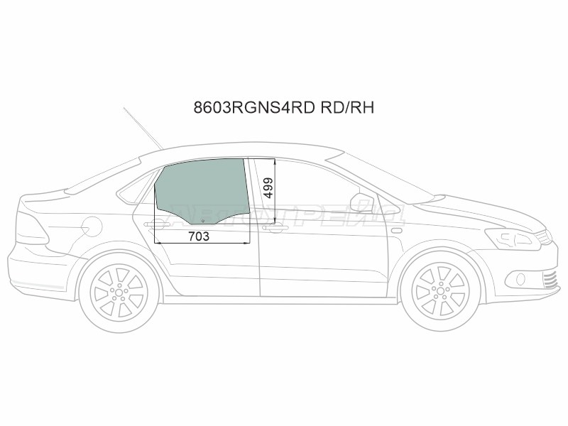 Стекло боковое опускное (Сзади / Справа / Цвет зеленый) Skoda Rapid 20-  / Volkswagen Polo 09-20 (XYG: 8603RGNS4RD RD/RH)
