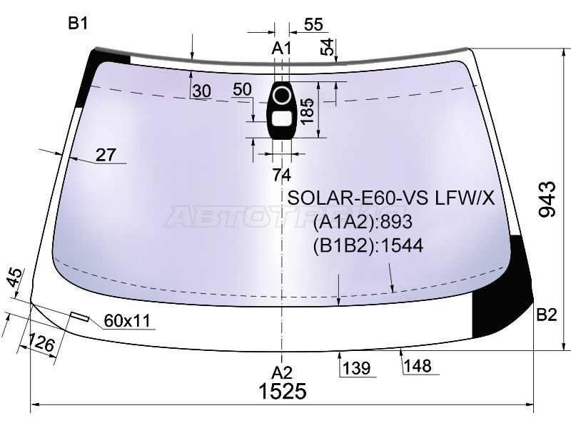 Стекло лобовое (Атермальное / Датчик дождя / Молдинг) BMW 5-Series 03-07 (XYG: SOLAR-E60-VS LFW/X)