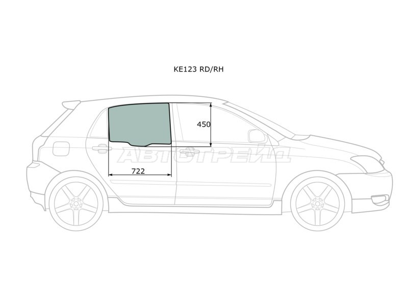 Стекло боковое опускное (Сзади / Справа / Цвет зеленый) Toyota Corolla (E120) 00-07  / Corolla Fielder (E120) 00-06  / Corolla JPN (E120) 00-07  / BYD F3 05-14  / Toyota Allex 01-06  / Corolla Runx (E120) 01-06 (XYG: KE123 RD/RH)