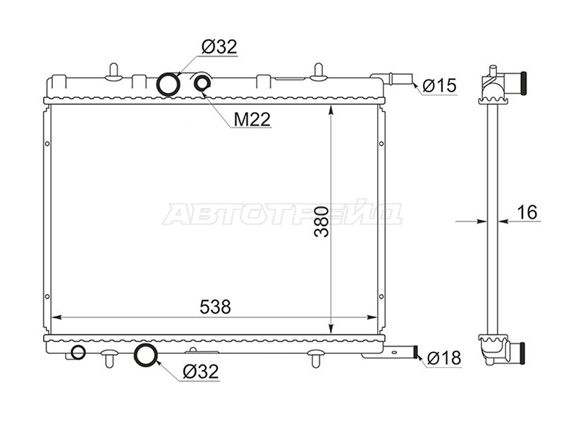 Радиатор Citroen Berlingo 96-22  / C4 04-11  / Xsara 97-06  / Xsara Picasso 99-09  / Peugeot 206 98-09  / 207 06-15  / 307 01-08  / Partner 96-12 (SAT: PG0001)