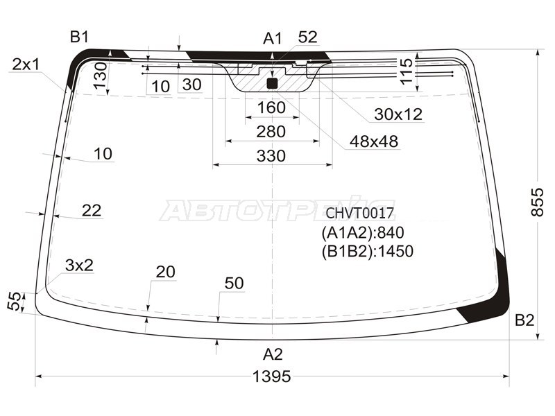 Стекло лобовое (Антенна) Chevrolet Lacetti 04-13  / Daewoo Lacetti 04-09  / Chevrolet Nubira 04-13  / Optra 04-13  / Daewoo Gentra 05-15  / Nubira 02-05  / Ravon Gentra 15-  / Suzuki Forenza 03-08 (KMK: CHVT0017)