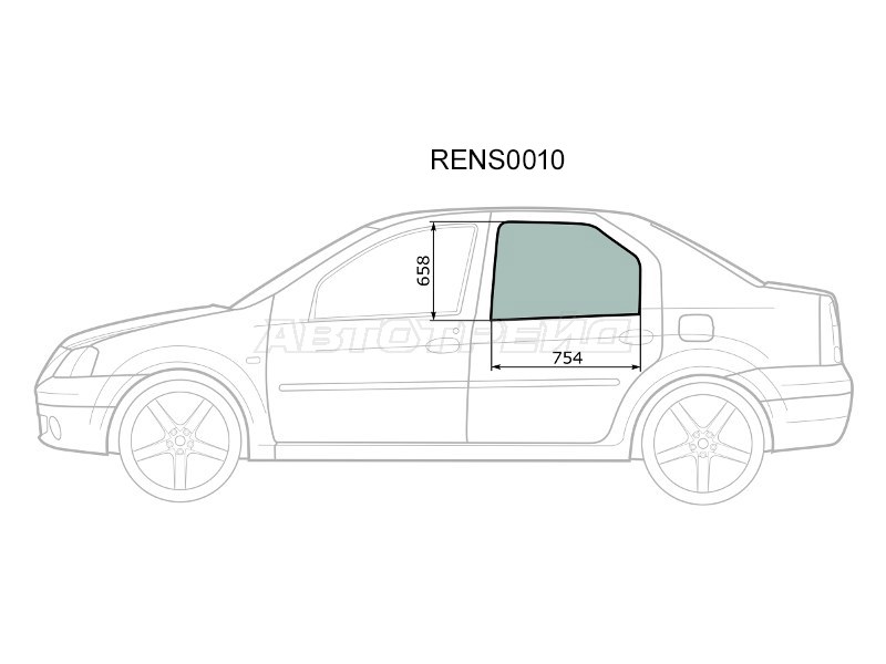 Стекло боковое опускное (Сзади / Слева / Цвет зеленый) (KMK: RENS0010)
