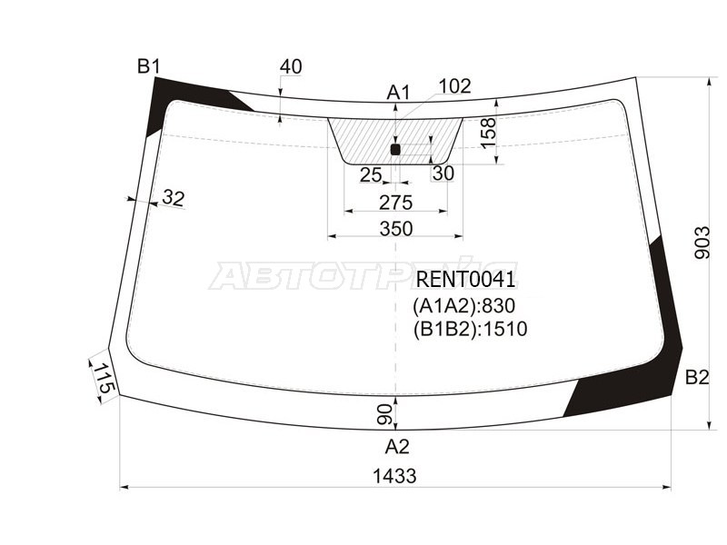 Стекло лобовое Nissan Terrano 14-22  / Renault Duster 10-21  / Sandero 09-14  / Dacia Duster 10-17  / Sandero 08-12  / Renault Sandero Stepway 10-14 (KMK: RENT0041)