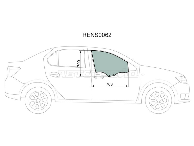 Стекло боковое опускное (Спереди / Справа / Цвет зеленый) Renault Logan 14-  / Sandero 14-  / Dacia Logan 12-19  / Sandero 12-19  / Sandero Stepway 12-19  / Renault Logan Stepway 18-  / Sandero Stepway 14-22 (KMK: RENS0062)