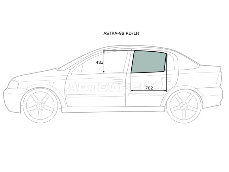 Стекло боковое опускное (Сзади / Слева / Цвет зеленый) Opel Astra 98-09  / Chevrolet Viva 04-08 (XYG: ASTRA-98 RD/LH)