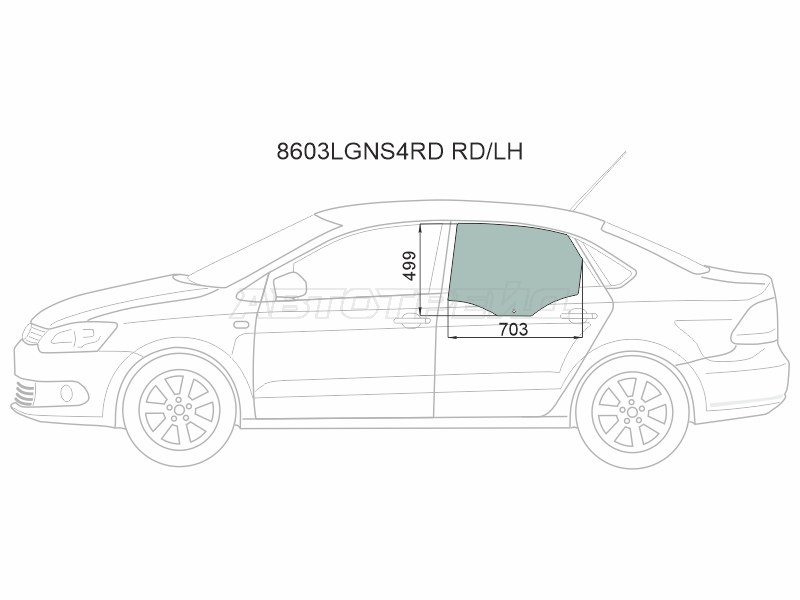 Стекло боковое опускное (Сзади / Слева / Цвет зеленый) Skoda Rapid 20-  / Volkswagen Polo 09-20 (XYG: 8603LGNS4RD RD/LH)