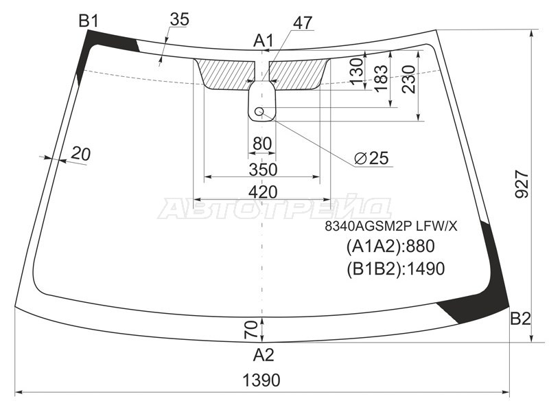 Стекло лобовое (Датчик дождя) Toyota Corolla (E120) 00-07  / Corolla Fielder (E120) 00-06  / Corolla JPN (E120) 00-07  / Geely Vision 08-17  / Toyota Allex 01-06  / Corolla Runx (E120) 01-06 (XYG: 8340AGSM2P LFW/X)