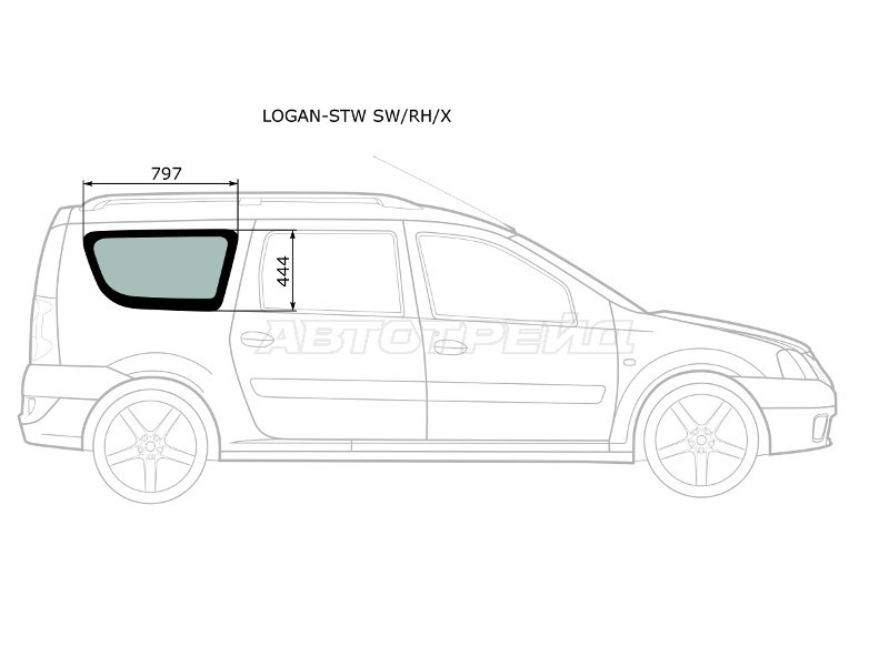 Стекло кузова боковое (не опускное) (Справа / Цвет зеленый) Dacia Logan 04-08  / Logan Mcv 08-12  / LADA Largus 12-21  / Largus Cross 14-22 (XYG: LOGAN-STW SW/RH/X)