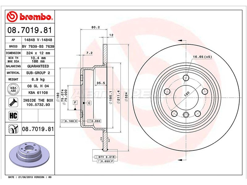 Диск тормозной (Сзади) BMW X5 99-06 (BREMBO: 08.7019.81)