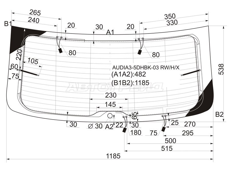 Стекло заднее (Цвет зеленый / Обогрев / Антенна) Audi A3 03-13  / S3 08-12 (XYG: AUDIA3-5DHBK-03 RW/H/X)