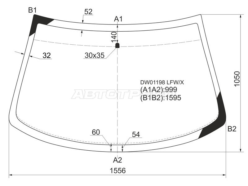 Стекло лобовое Chrysler Cirrus 95-00  / Dodge Stratus 95-00  / Plymouth Breeze 95-00 (XYG: DW01198 LFW/X)