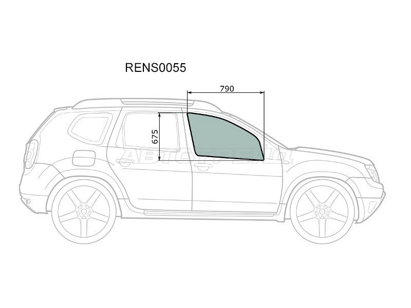 Стекло боковое опускное (Спереди / Справа / Цвет зеленый) Nissan Terrano 14-22  / Renault Duster 10-21  / Sandero 09-14  / Dacia Duster 10-17  / Sandero 08-12  / Renault Sandero Stepway 10-14 (KMK: RENS0055)