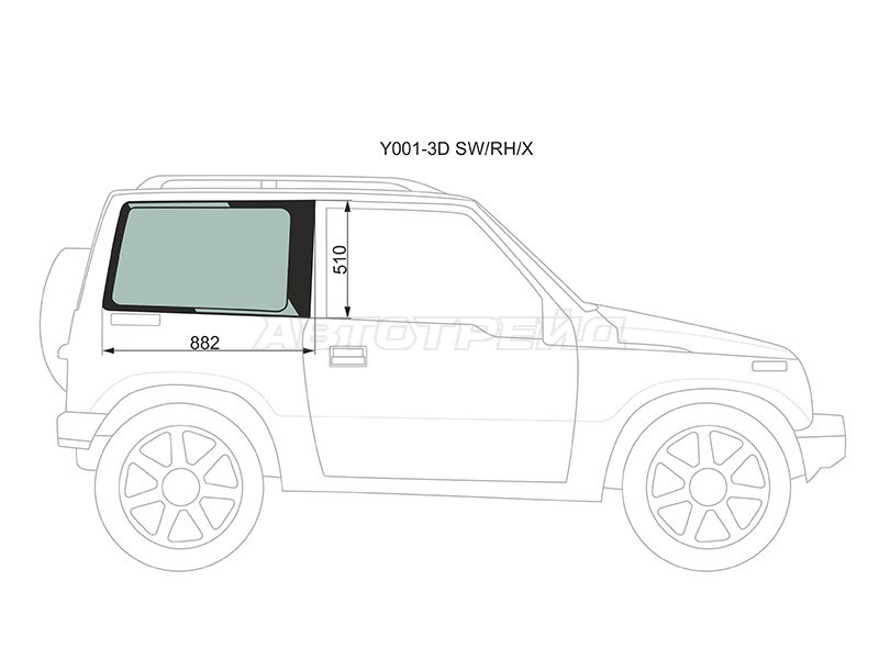 Стекло кузова боковое (не опускное) (Справа / Цвет зеленый) Suzuki Escudo 88-97  / Chevrolet Tracker 88-97  / Mazda Proceed Levante 96-97  / Suzuki Vitara 88-04 (XYG: Y001-3D SW/RH/X)