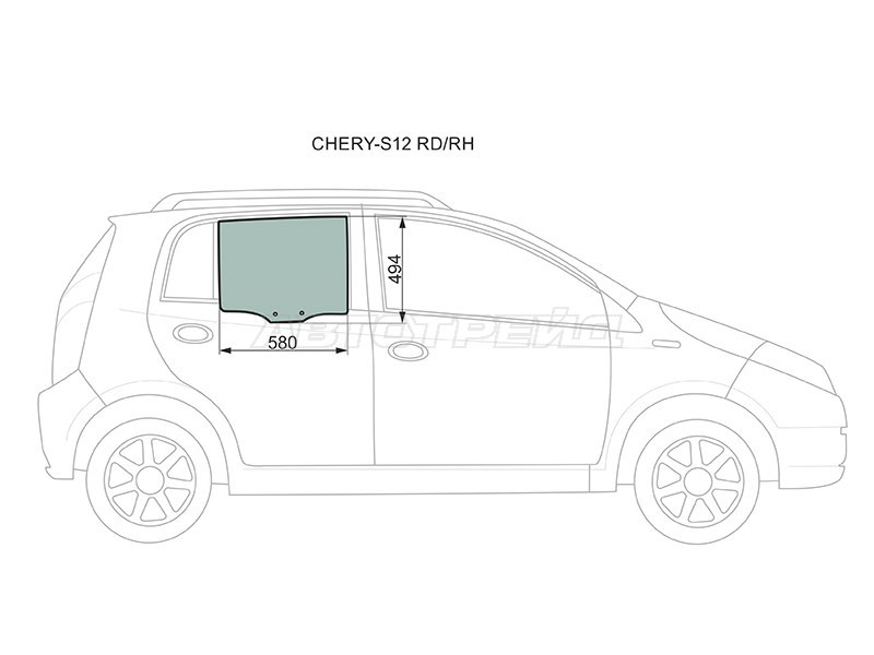 Стекло боковое опускное (Сзади / Справа / Цвет зеленый) Chery Kimo A1 08-15 (XYG: CHERY-S12 RD/RH)