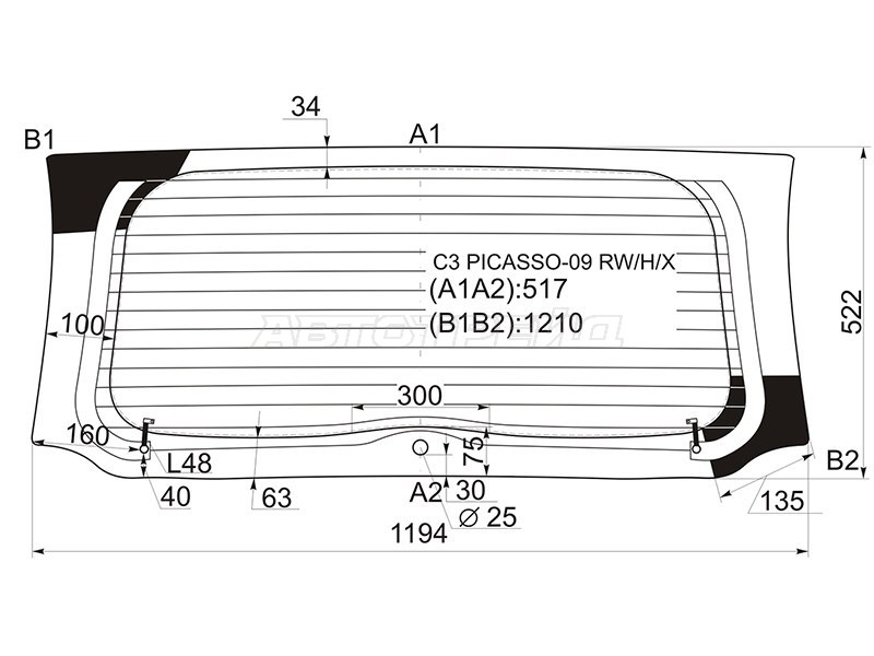 Стекло заднее (Цвет зеленый / Обогрев) Citroen C3 Picasso 09-16 (XYG: C3 PICASSO-09 RW/H/X)