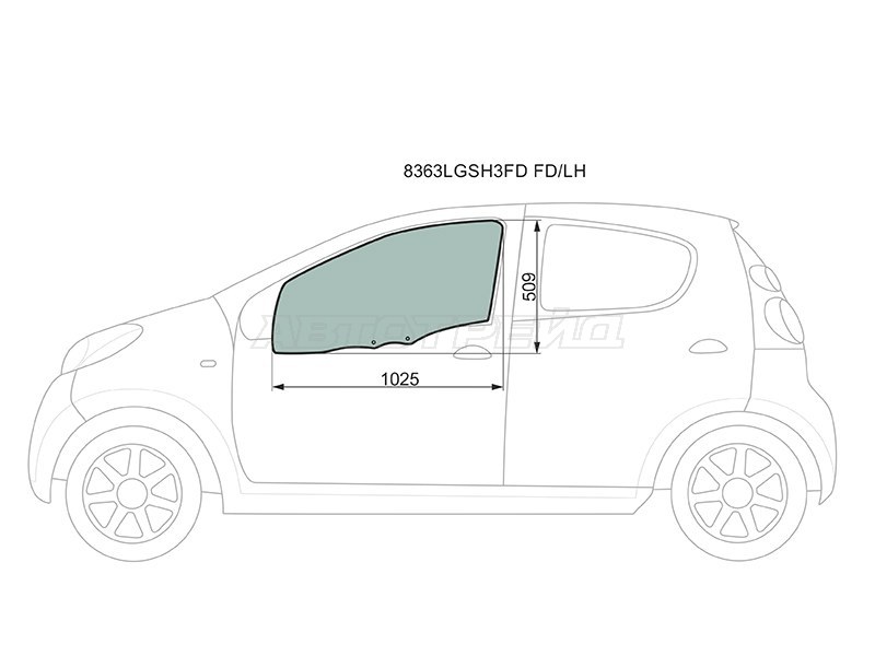 Стекло боковое опускное (Спереди / Слева / Цвет зеленый) Citroen C1 05-14  / Peugeot 107 05-15  / Toyota Aygo 05-14 (XYG: 8363LGSH3FD FD/LH)