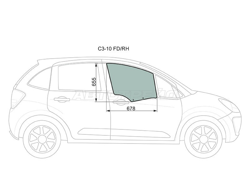 Стекло боковое опускное (Спереди / Справа / Цвет зеленый) Citroen C3 09-16 (XYG: C3-10 FD/RH)