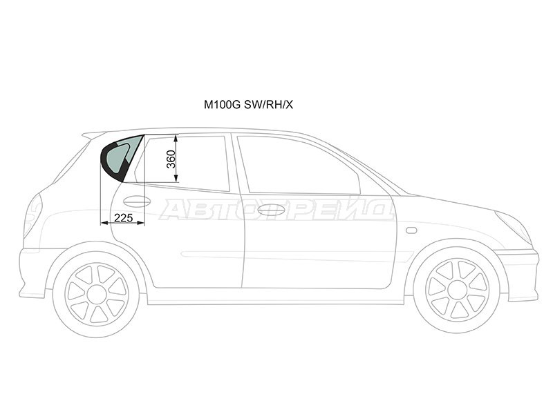 Стекло кузова боковое (не опускное) (Справа / Цвет зеленый) Daihatsu Sirion 98-04  / Storia 98-04  / Toyota Duet 98-04 (XYG: M100G SW/RH/X)