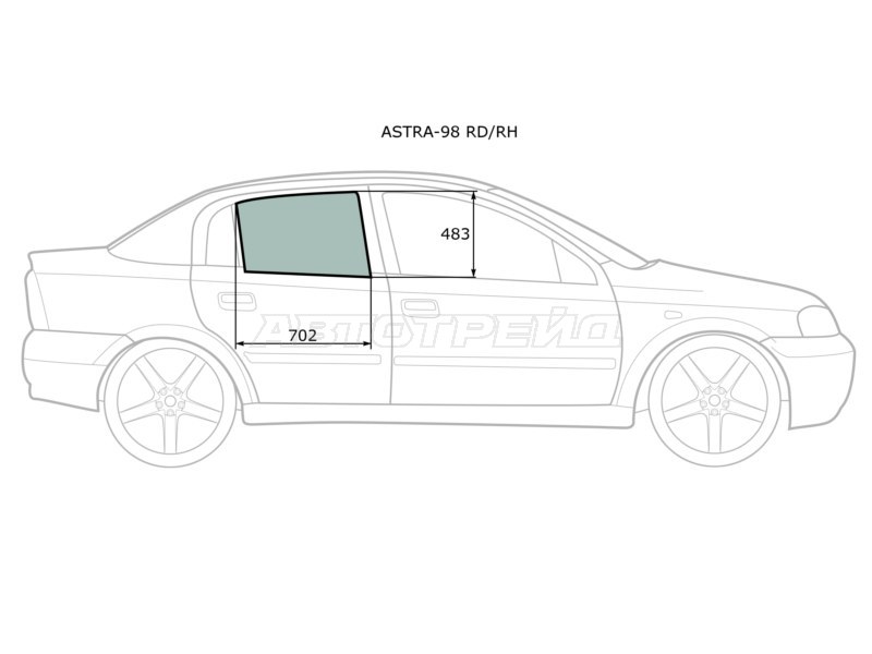 Стекло боковое опускное (Сзади / Справа / Цвет зеленый) Opel Astra 98-09  / Chevrolet Viva 04-08 (XYG: ASTRA-98 RD/RH)