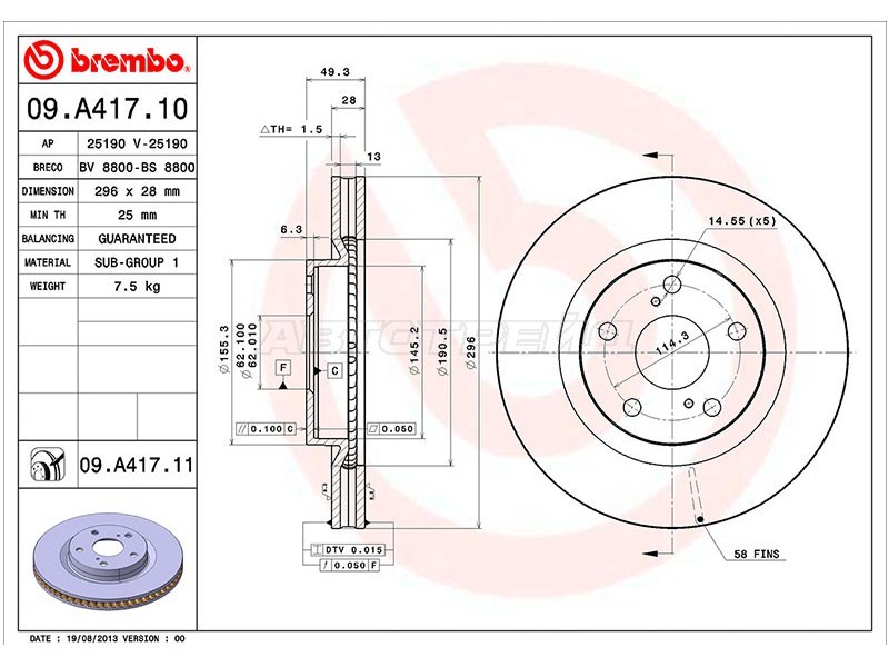 Диск тормозной (Спереди) Toyota Camry (XV40,XV50) 06-21  / Harrier (XU60) 13-20  / Prius (ZVW30) 09-16  / RAV4 (XA30,XA40) 05-19  / Lexus ES 06-18  / Toyota Auris 09-18  / Camry UAE /USA 06-17 (BREMBO: 09.A417.11)