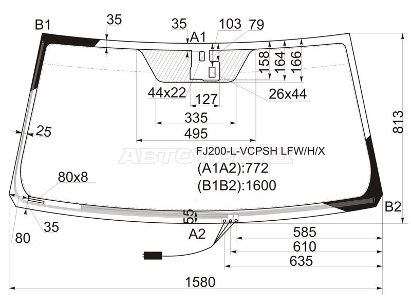 Стекло лобовое (Обогрев щеток / Датчик дождя) Toyota Land Cruiser (J200) 07-15  / Lexus LX 07-15 (XYG: FJ200-L-VCPSH LFW/H/X)