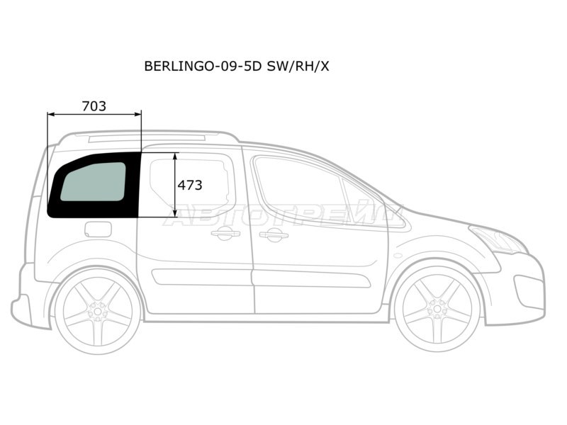 Стекло кузова боковое (не опускное) (Справа / Цвет зеленый) Citroen Berlingo 08-22  / Peugeot Partner 08-15  / Partner Origin 08-11  / Partner Tepee 08-18 (XYG: BERLINGO-09-5D SW/RH/X)