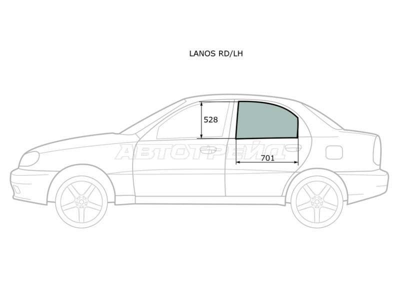 Стекло боковое опускное (Сзади / Слева / Цвет зеленый) Chevrolet Lanos 05-09  / Daewoo Lanos 97-08  / ЗАЗ Шанс 05-14 (XYG: LANOS RD/LH)