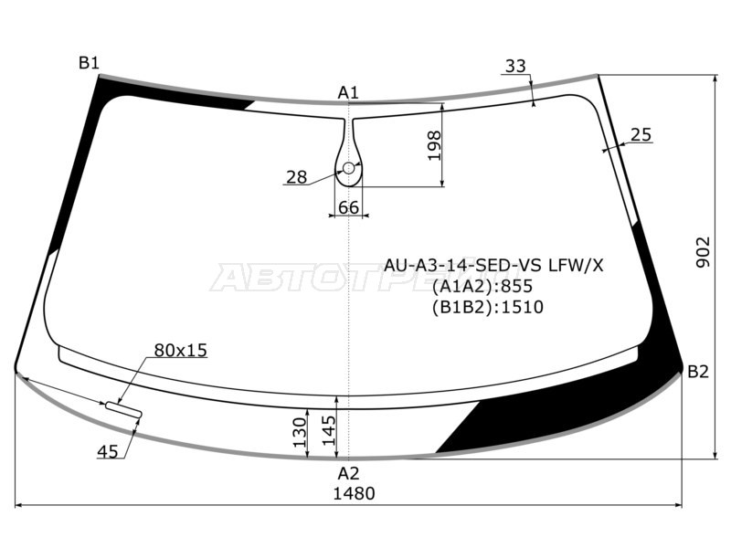 Стекло лобовое (Датчик дождя / Молдинг) Audi A3 12-19  / S3 13-16 (XYG: AU-A3-14-SED-VS LFW/X)